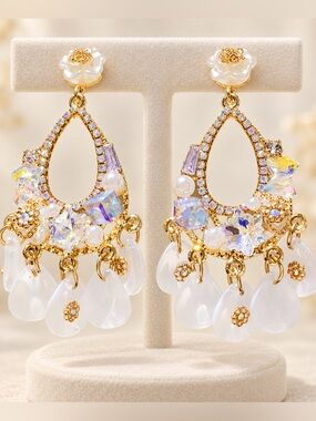 Crystal & White Floral Chandelier Earrings